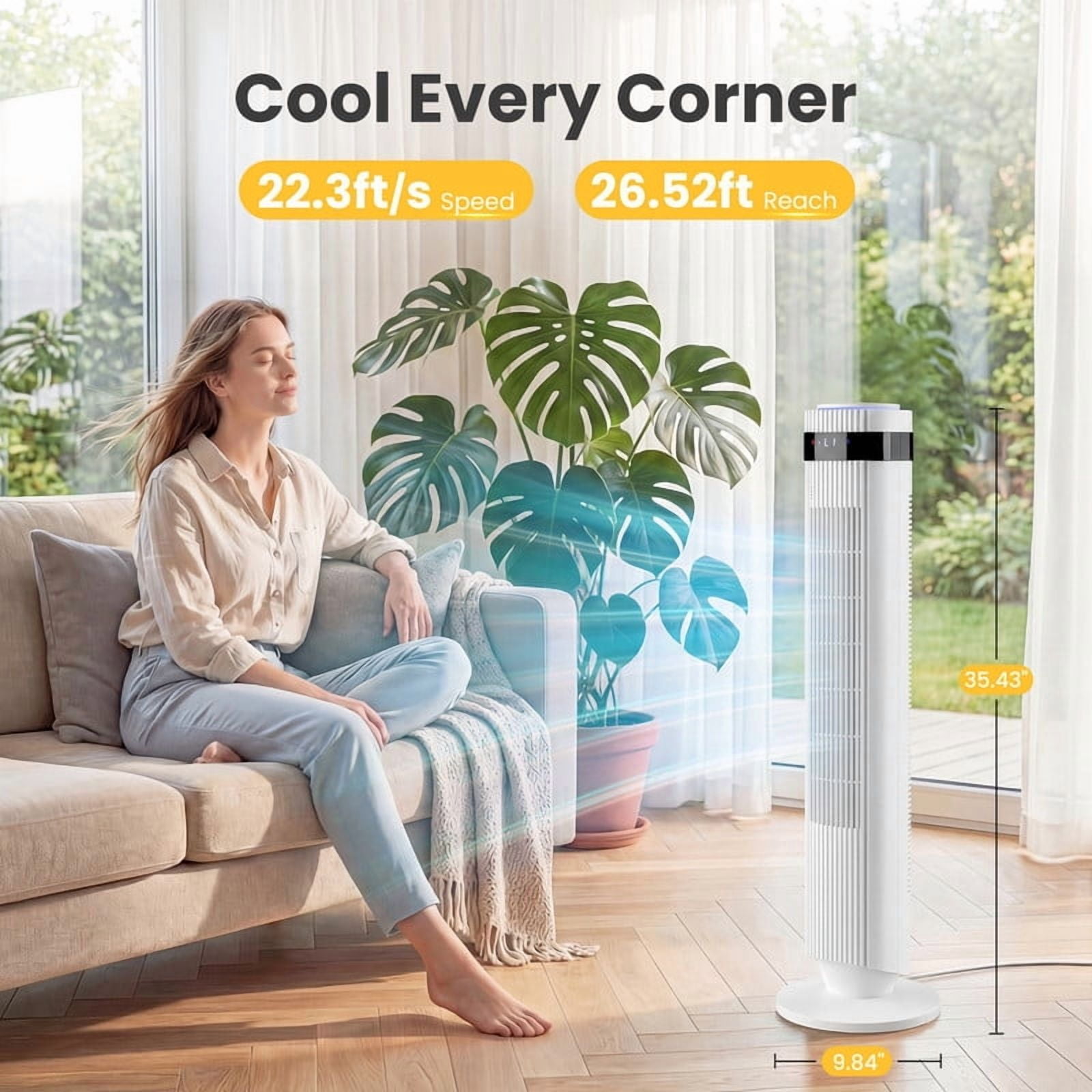 Gianna Tower Fan for Bedroom, 28dB Silent Standing Fan with 12H Timer, Smart Auto Mode, 64°Oscillating Bladeless Cooling Fan for Home Office, White