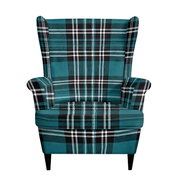 SEANATIVE Wingback Chair Slipcover Stain Resistant 2 Piece Wing Chair Cover Washable Anti-Slip Soft Stretch Wing Back Chair Covers 1 Seater Sofa Protector for Living Room, Teal Plaid Print