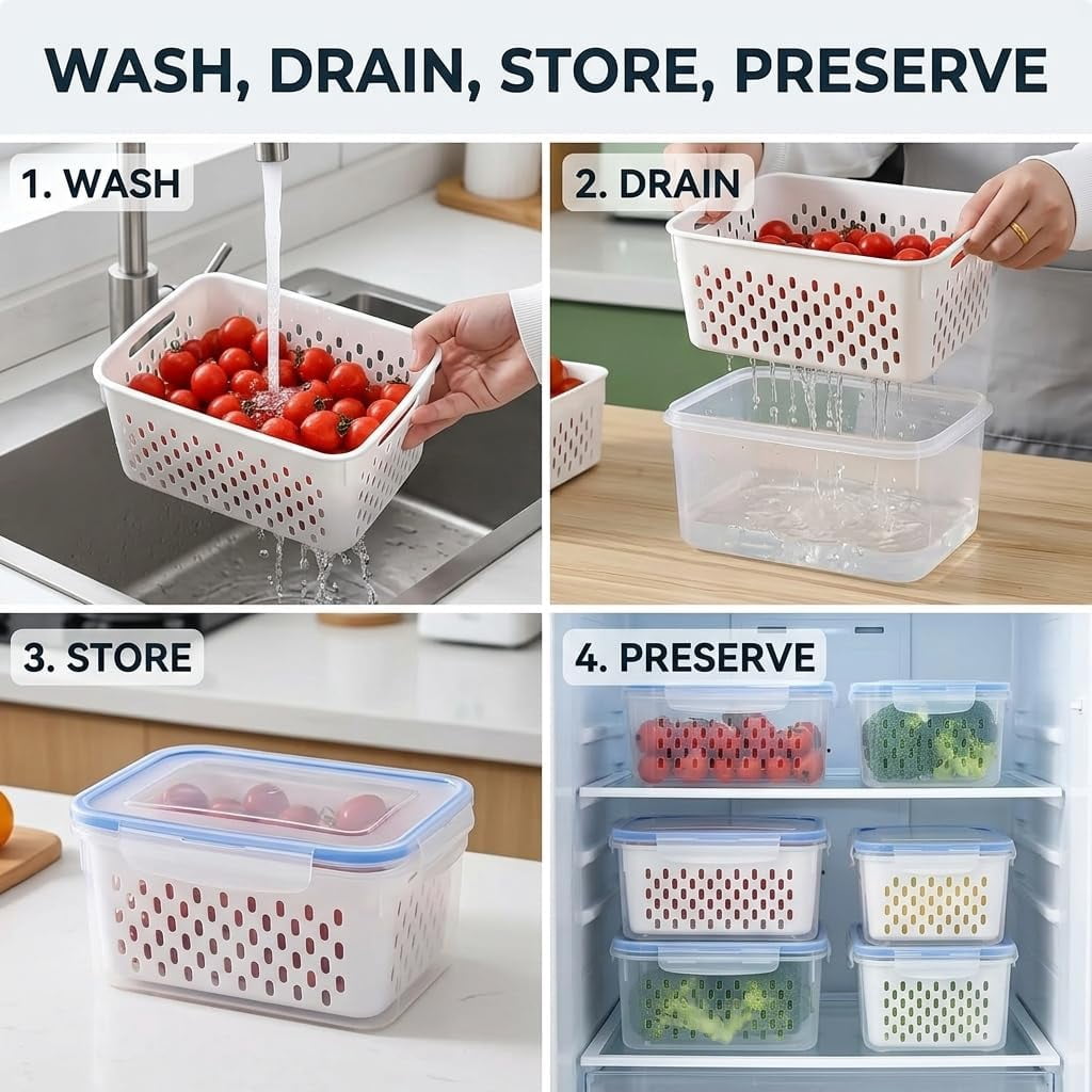 4 in 1 Food Storage Container for Fridge, Produce Keeper with Lid and Removable Strainer, Multipurpose Large Fruit & Vegetable Storage with Drain Basket (Blue)