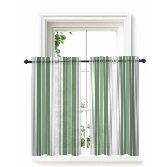 Sage Green Grey Stripe Tier Curtains 45 Inch Length,Sheer Curtains for Bedroom Living Room Window Farmhouse Simple Striped Rod Pocket Drapes Kitchen Curtains Small Half Window 27.5"x45" 2 Panels
