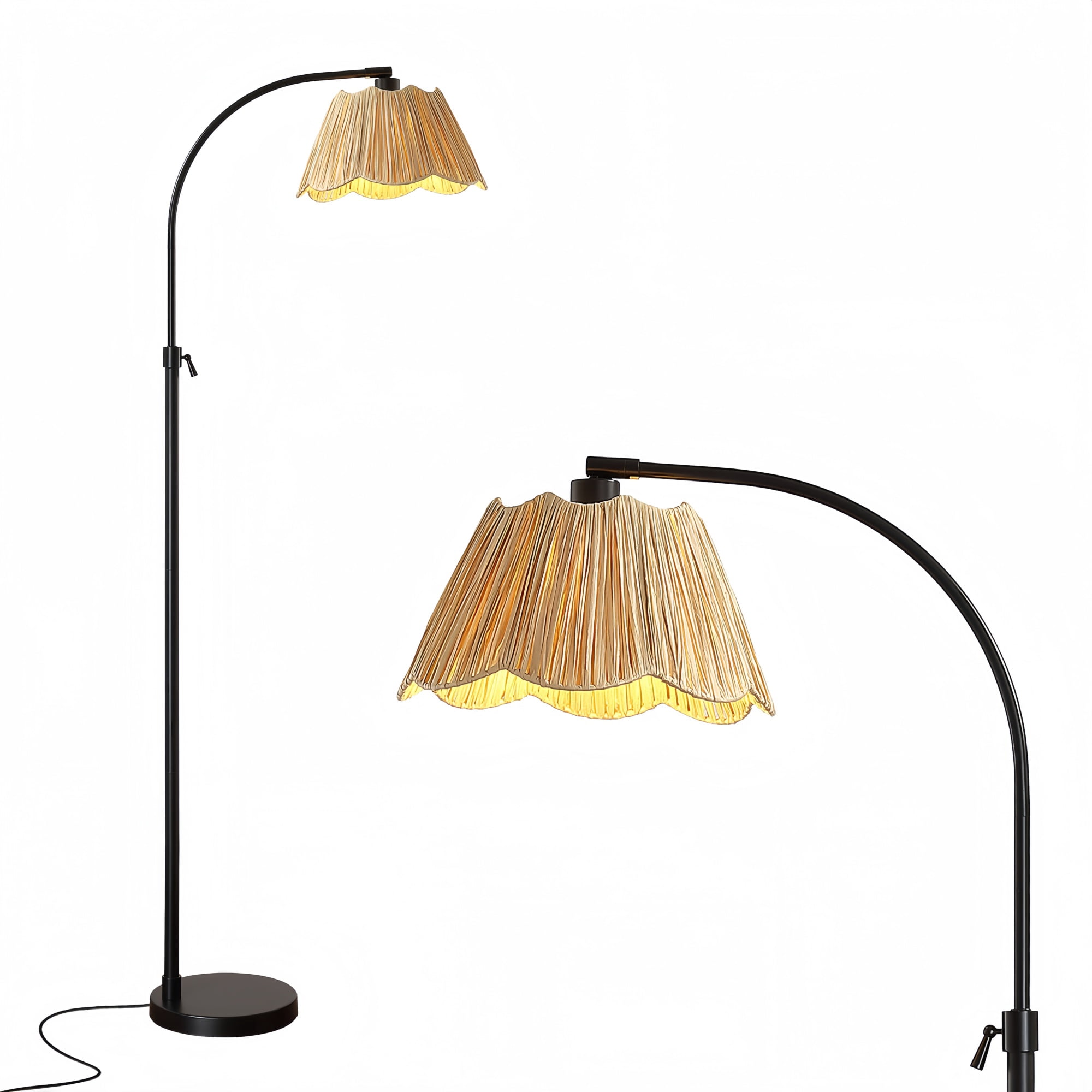 RORIA Adjustable Arc Floor Lamp with Paper-Woven Shade, Black Metal Standing Lamp with Foot Switch, 54-64” Height Adjustable, for Living Room Bedroom Office.