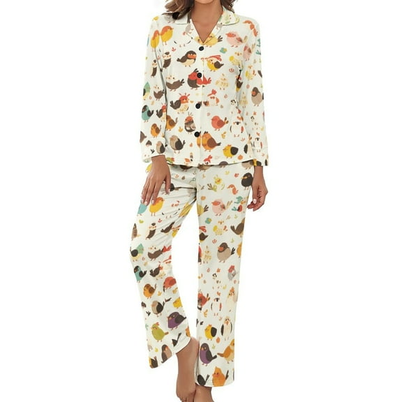 PoBuds Women's Long Sleeve Flannel Pajama Set Sleepwear Cute Bird Cartoon S