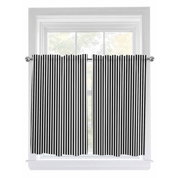 Kitchen Curtains 54 Inches length, Black White Stripe Window Treatment Curtain Drapes, Modern Minimalist Geometric Striped Decorative Window Curtains for Bedroom Cafe, 52"x54", 2 Panels