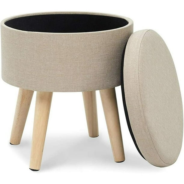 Taburete Otomano , Taburete Redondo Para Almacenamiento, Cofre De Almacenamiento, Taburetes De Tela De Lino Con Tapa Baja, Diseño De Sala De Estar, Patas De Madera Maciza Beige