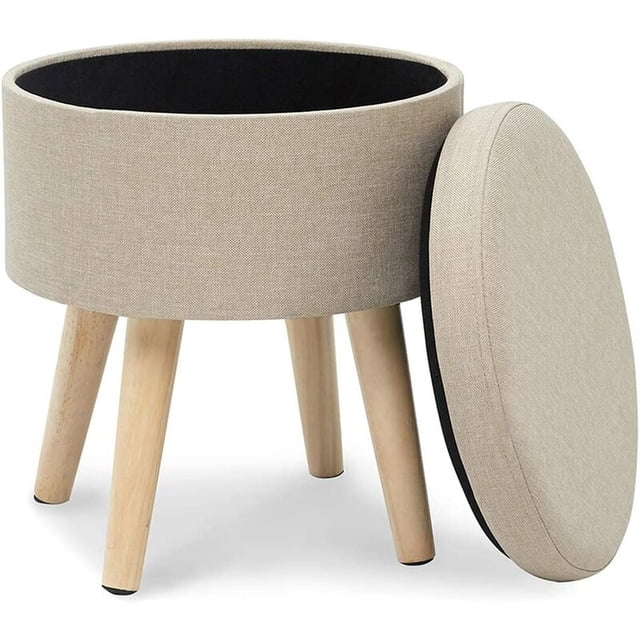 Taburete Otomano , Taburete Redondo Para Almacenamiento, Cofre De Almacenamiento, Taburetes De Tela De Lino Con Tapa Baja, Diseño De Sala De Estar, Patas De Madera Maciza Beige