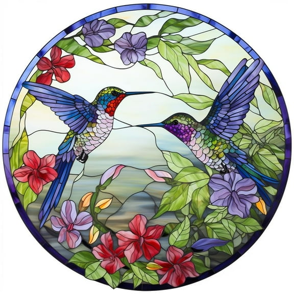 DIY Stamped Cross Stitch Kits Stained Glass Hummingbird and Flower for Beginners Easy 11CT Needlepoint Embroidery Counted Cross Stitch Kits Art Craft Wall Decoration and Gift 35x35cm