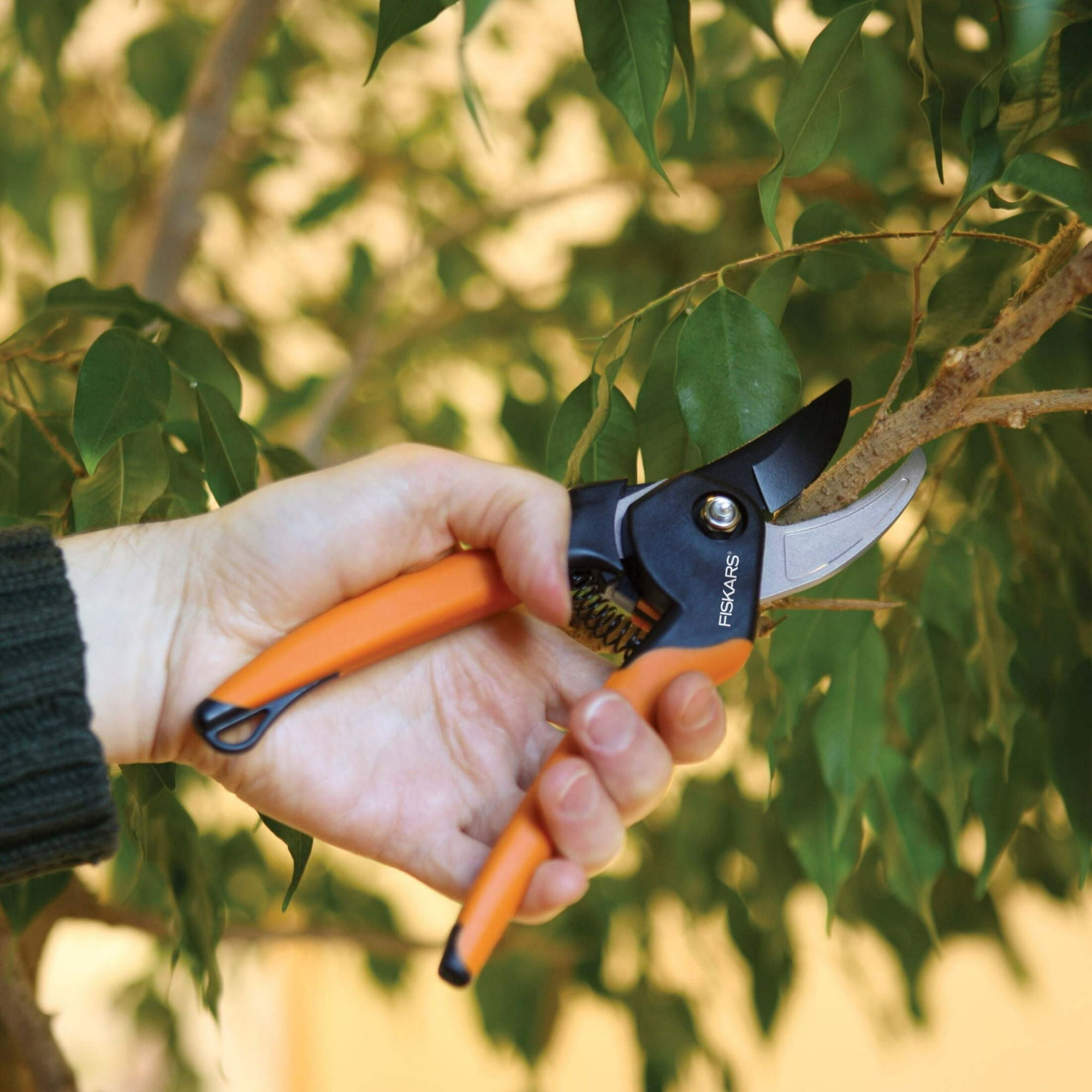 Fiskars 5/8" Bypass Pruner Garden Tool with Steel Blade and Soft Grip Handle, Black and Orange