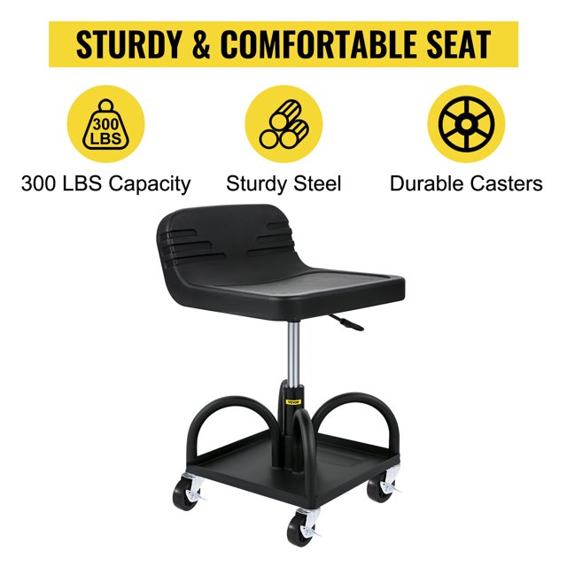 Restored VEVOR Taburete de garaje con ruedas, capacidad de 300 libras, altura ajustable de 15.7 a 20.5 pulgadas, asiento mecánico con ruedas giratorias de 360 grados y bandeja de herramientas (Refurbished)