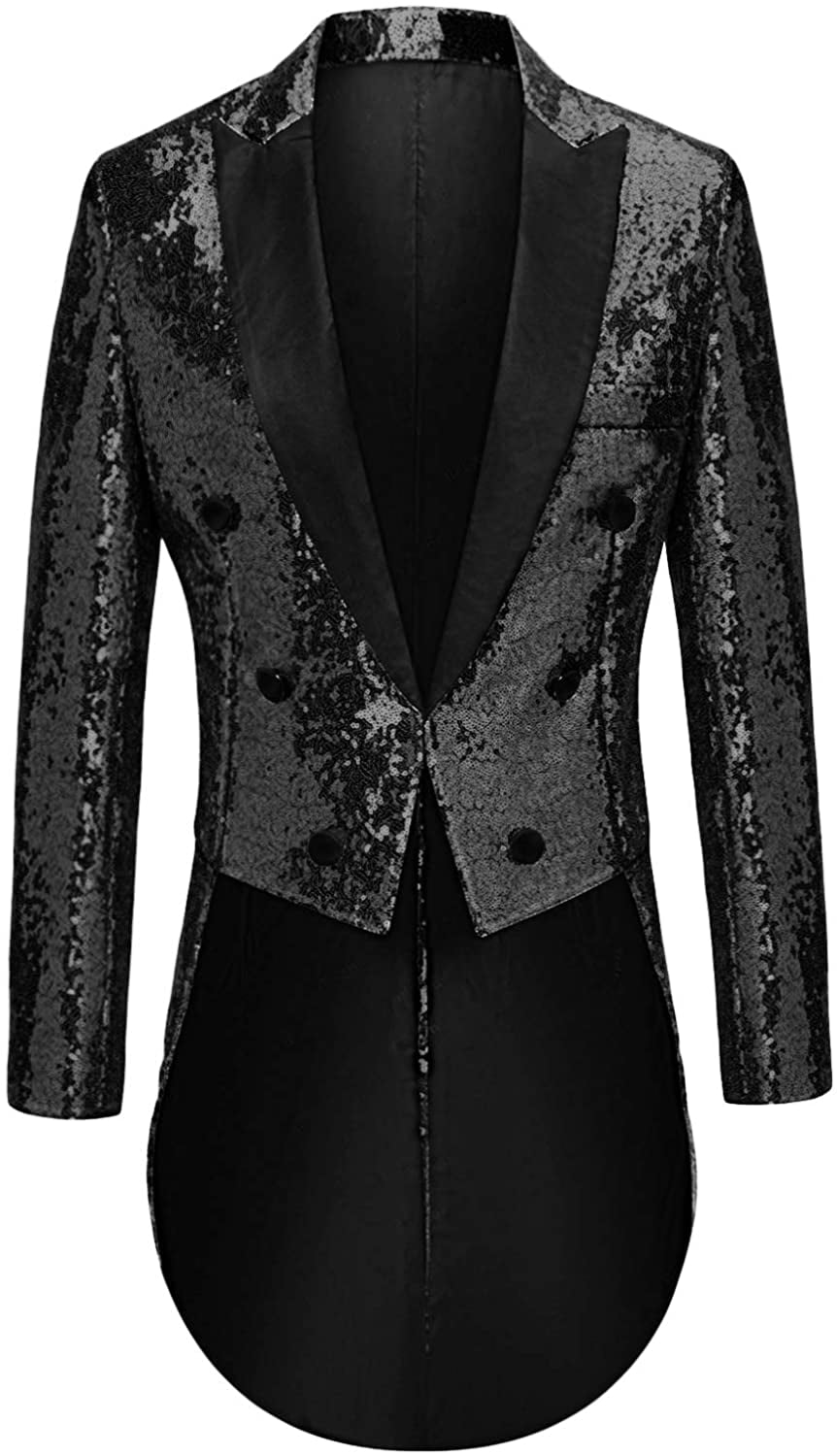 MAGE MALE Mens Sequin Tuxedo Jacket Tails Slim Fit Tailcoat Dress Coat Swallowtail Dinner Party Wedding Blazer Suit Jacket 