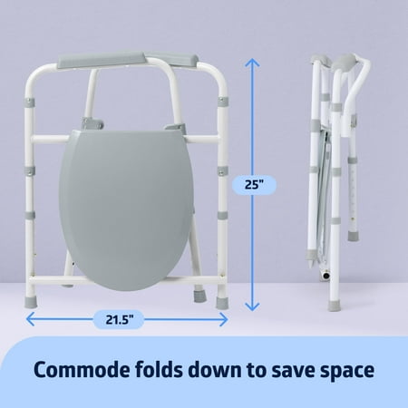 Medline 3-in-1 Steel Folding Bedside Commode, Removable Bucket & Seat, 16-22" Height Adjustable