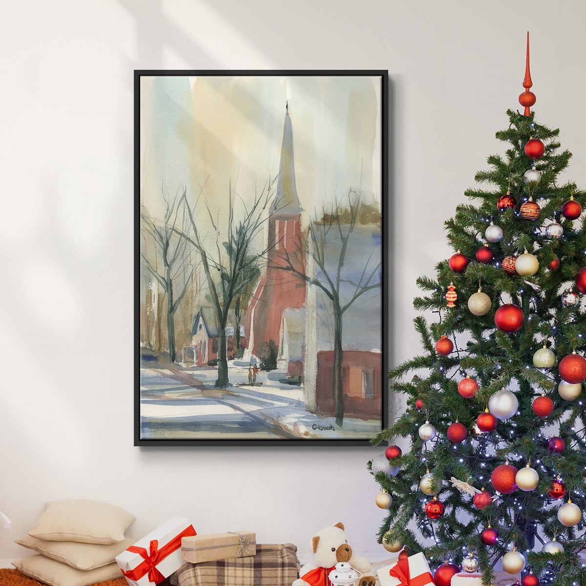 New England Main Street - Framed Gallery Wrapped Holiday Canvas - 27 x 41 - Black Frame