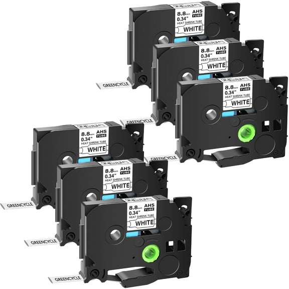 GREENCYCLE 6PK Compatible for Brother P-touch HSE-221 HS-221 HSe221 HS221 8.8mm 0.34" Black on White Heat-shrink Label Tape