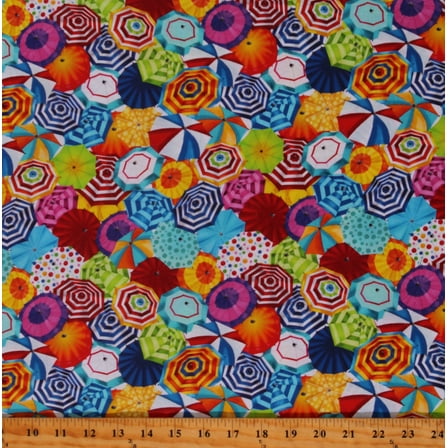 Cotton Umbrellas Stripes Designs Patterned Beach Sun Sand Multicolor Cotton Fabric Print by the Yard (GAIL-CD2772-MULTI)