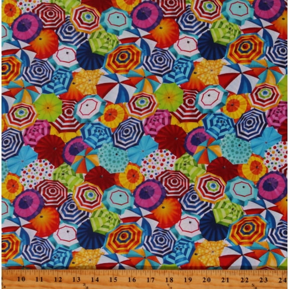 Cotton Umbrellas Stripes Designs Patterned Beach Sun Sand Multicolor Cotton Fabric Print by the Yard (GAIL-CD2772-MULTI)