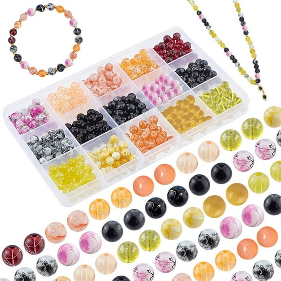 1 Box 450pcs 6mm Yellow Black Glass Beads 15 Styles Round Glass Beads Fall Beads Spacer Loose Beads for Ramadan Bracelets Necklaces Earring Making Holiday Thanksgiving Party Decor