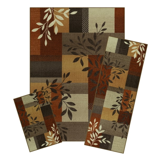 Mainstays Leaf Block Indoor Living Room Area Rug Set, RustBrown, 3Piece