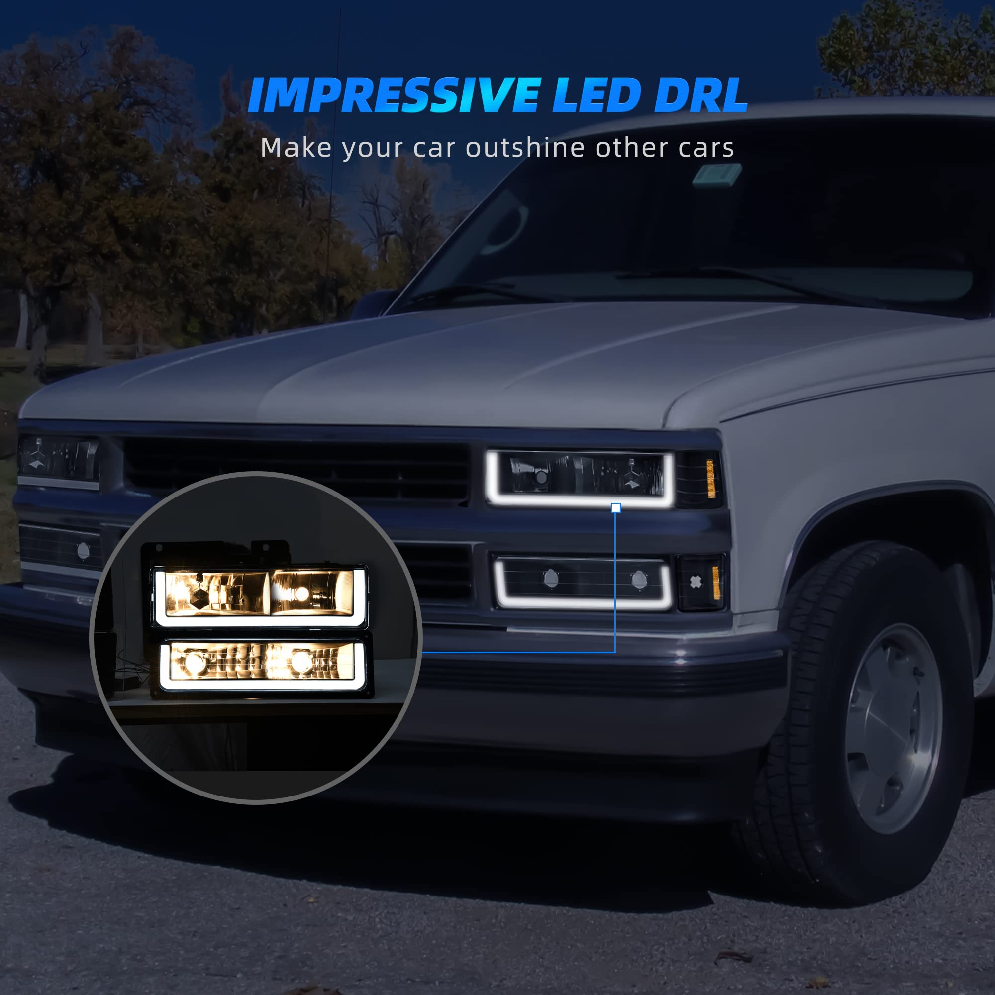 Eagle Eyes U-Bar Headlights For 88-99 Chevy CK Suburban Tahoe – Chrome + LED