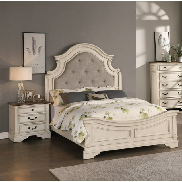 Beautiful 3pc Bedroom Eastern King Size Bed Set 2x Nightstands Furniture Creamy White