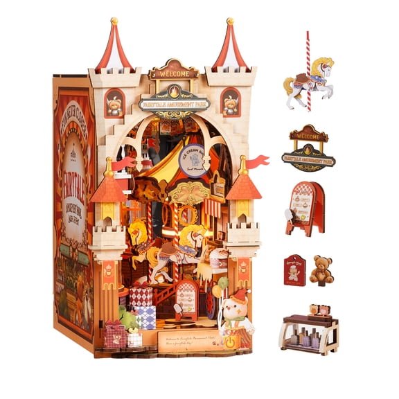 Robotime DIY Book Nook Kit, Wooden 3D Puzzle Bookends, Tiny Home Craft Kit for Bookshelf Decor, Xmas Birthday Gifts for Teens Adults(Fairytale Amusement Park)