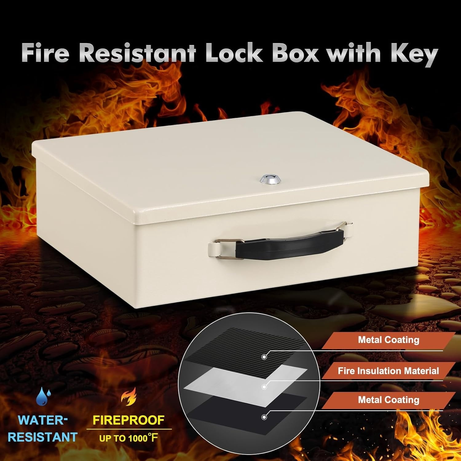 Fireproof Document Box with Key Lock, Safe Storage Box for Valuables, Fire Resistance Security, Fireproof Lock Box for Passport, Cash, Tablet 13.2'' x 11'' x 4.13'' Beige