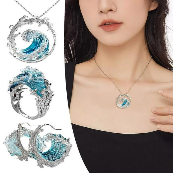 SSKFHGI Silver Ring Sky Blue Wave Decorative Ring Necklace Earrings Jewelry Set