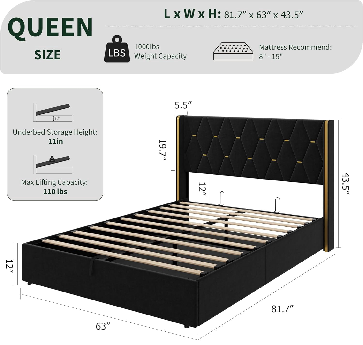 Queen Size Lift Up Storage Bed Frame with with Gold Wingback Headboard, Velvet Upholstered Bed Frame with Diamond Tufted Design & Gold Trim, Hydraulic Support, No Box Spring Needed, Black