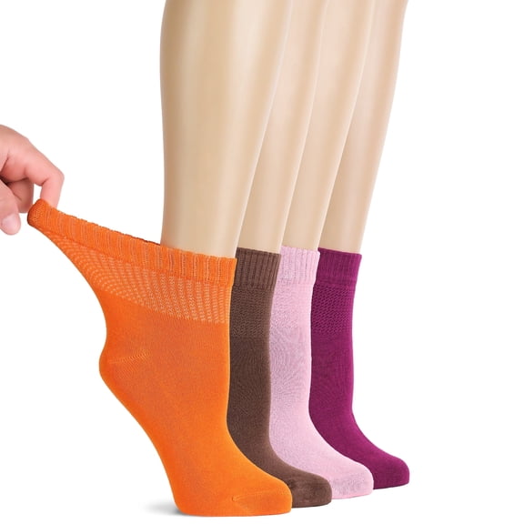 HUGH UGOLI Women Diabetic Ankle Socks, Super Soft , Thin Bamboo Socks, Wide , Loose, Non-Binding Top , Seamless Toe, 4 Pairs, B.Curacao/L.Brown/Lilac/Fuchsia, Shoe Size: 10-12
