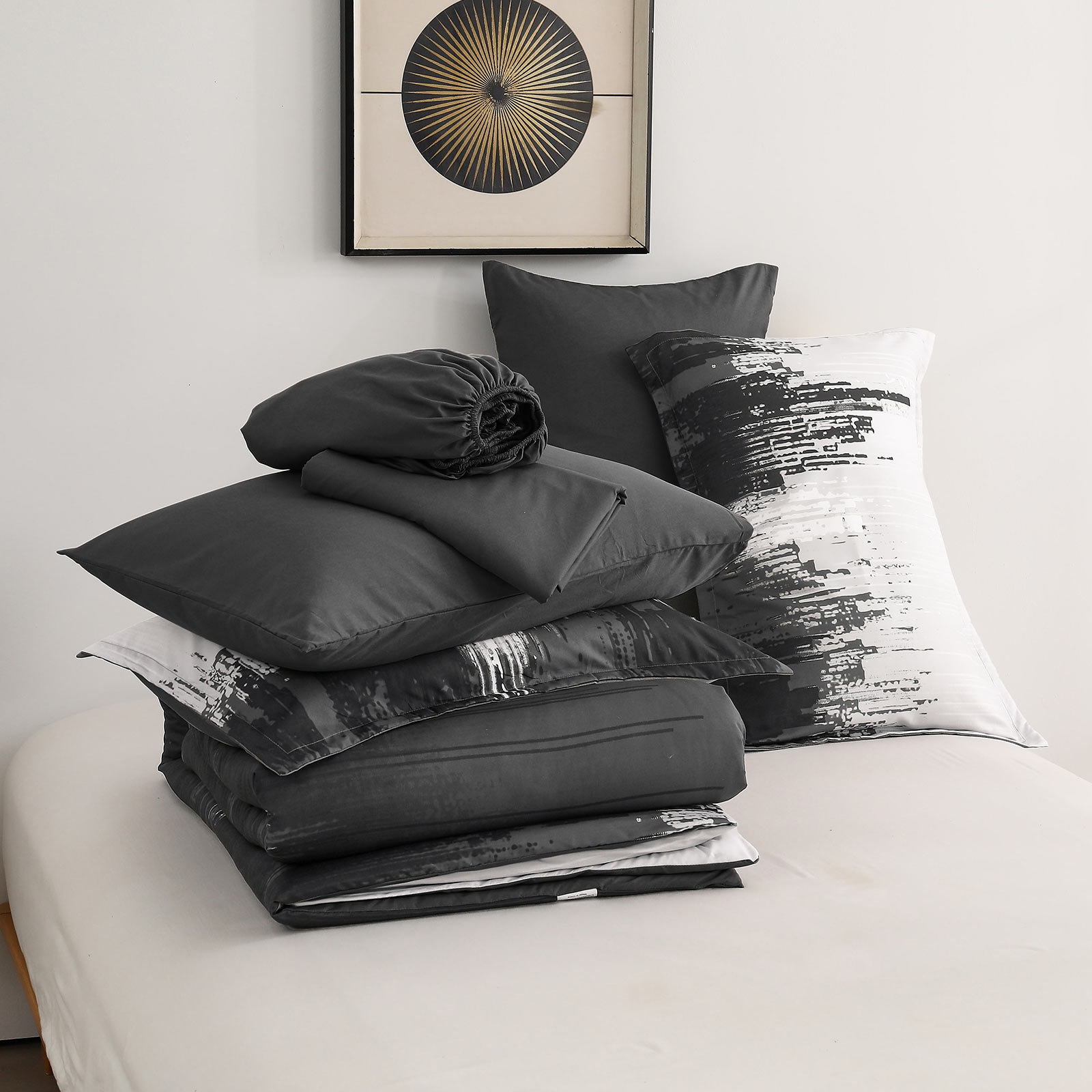 Dintszyayue White Gray Comforter Set King,7Pcs Abstract Gradient Soft Bed in a Bag Adult(90"x104")