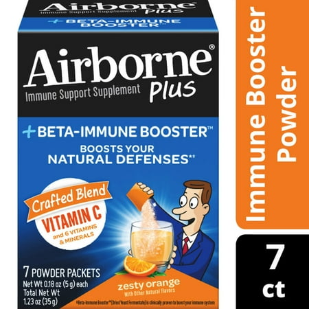 Airborne Plus Beta Immune Booster Packets with Vitamin C, Zesty Orange - 7 Powder (The Best Immune System Booster)