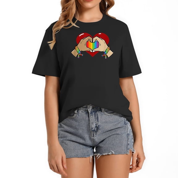 Gay Pride LGBT Rainbow Flag Heart Unity Women's Short Sleeve Shirt with Personality Print, Chic and Cool Casual Top