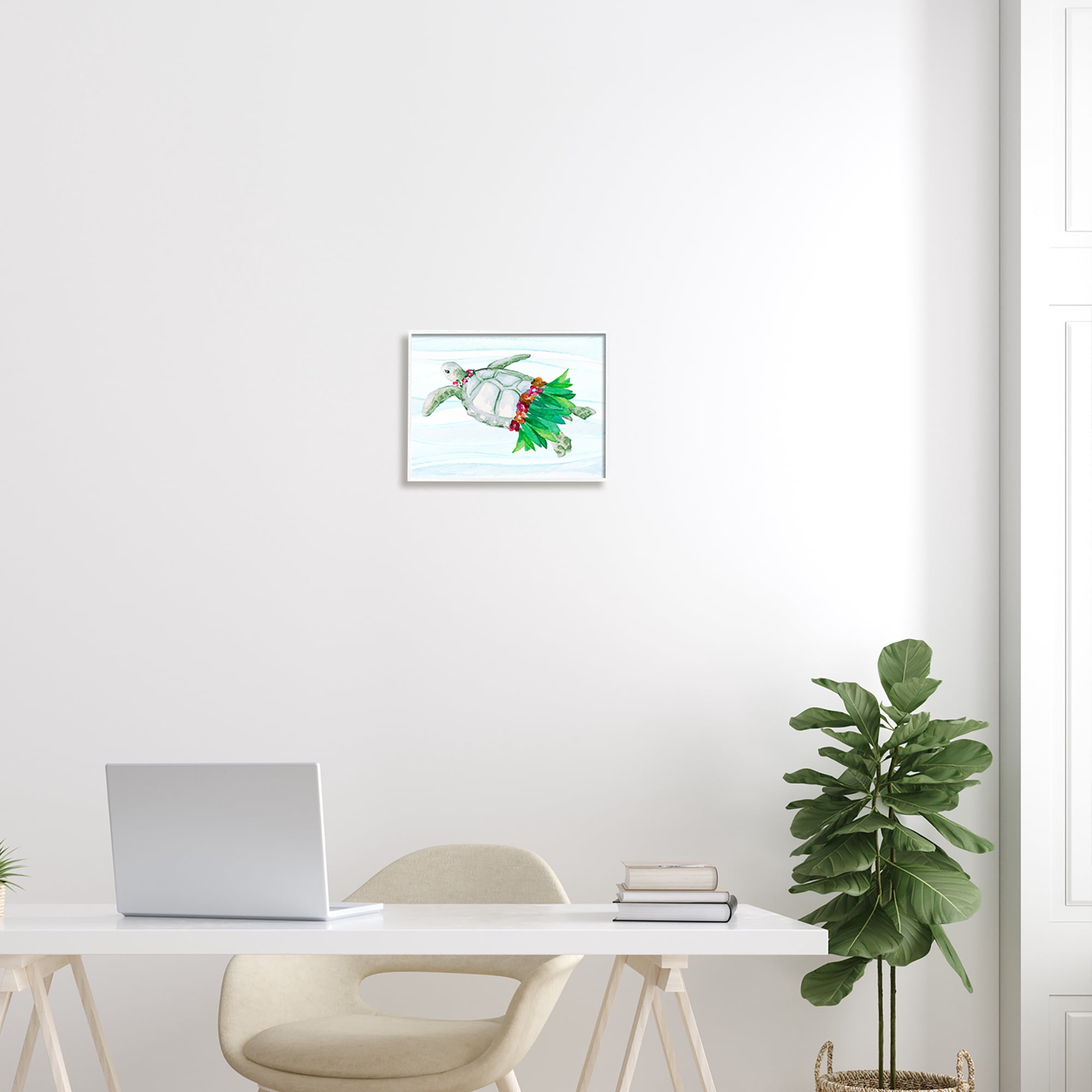 Stupell Hula Turtle Funny Tortoise Landscape Painting White Framed Art Print Wall Art