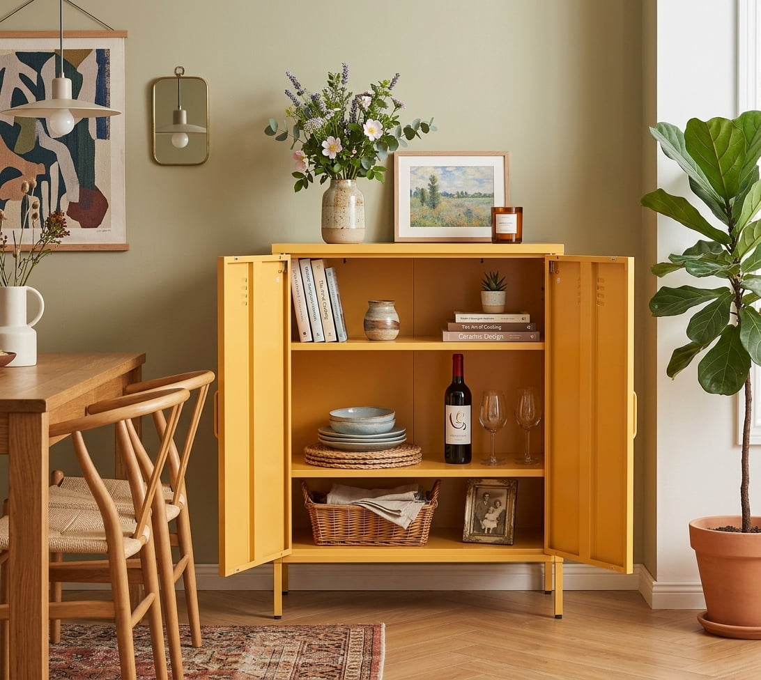 Leumius Metal Sideboard Buffet Cabinet with Storage,40"H Accent Cabinets with Adjustable Shelf,Kitchen Pantry Cabinet for Dining Room,Living Room,Yellow