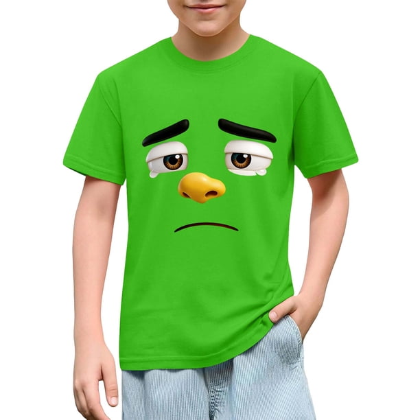 Blusas y camisas de manga corta con cuello redondo para niños y niñas, color liso, con estampado de expresión linda, manga corta, holgadas y cómodas, blusa para niña