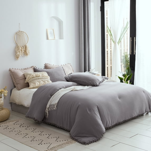Lady Ann Gray Comforter Queen Set,Stone-Washed Lightweight Extra Soft Warm Pom Pom Fringe Bedding Comforter Set,Vintage Boho Bohemian Bedding Super Soft Microfiber Inner Fill