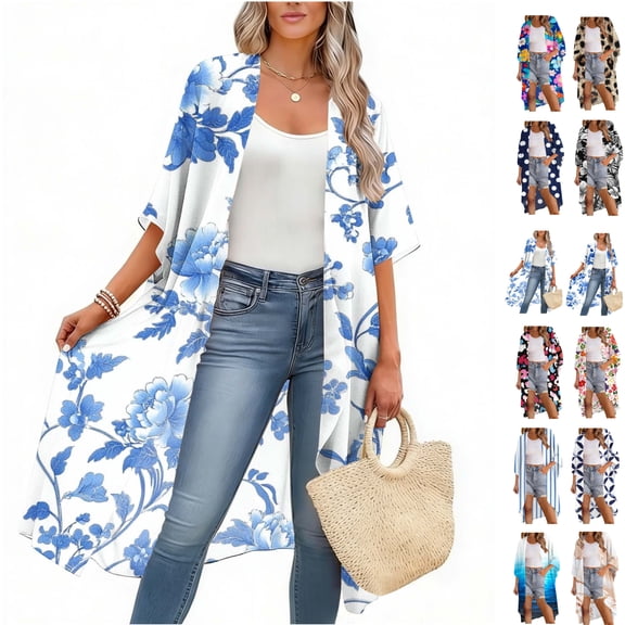 Xdegoge Kimono Cardigans for Women Open Front Half Sleeve Boho Tropical Print Cover Up Sheer Chiffon Duster Lightweight Summer Casual Daily Outerwear