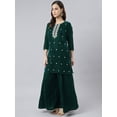 thumbnail image 5 of Janasya Indian Women's Dark Green Velvet Floral Embroidery Kurta with Flared Palazzo and Dupatta, 5 of 10
