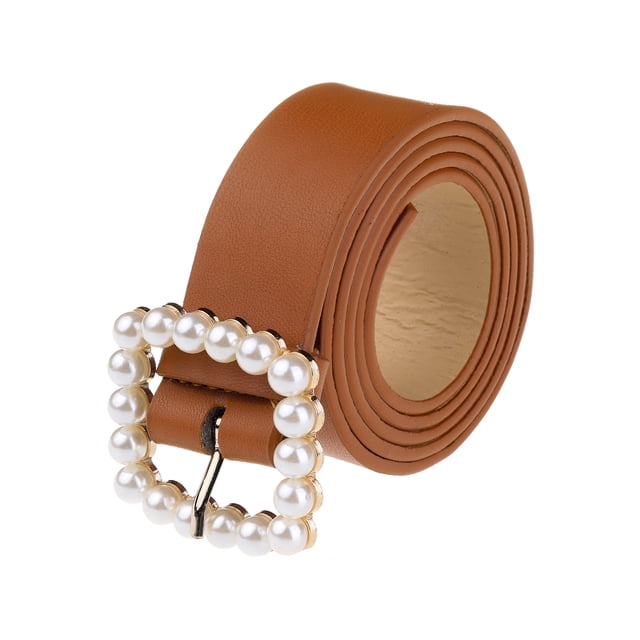 Cinturón de perlas de imitación de cuero para mujer INSPIRE CHIC, banda de cintura de 1.2" de ancho para jeans, pantalones y vestidos 104x3cm/40.9x1.2 pulgadas (LxA) Marrón Rojo