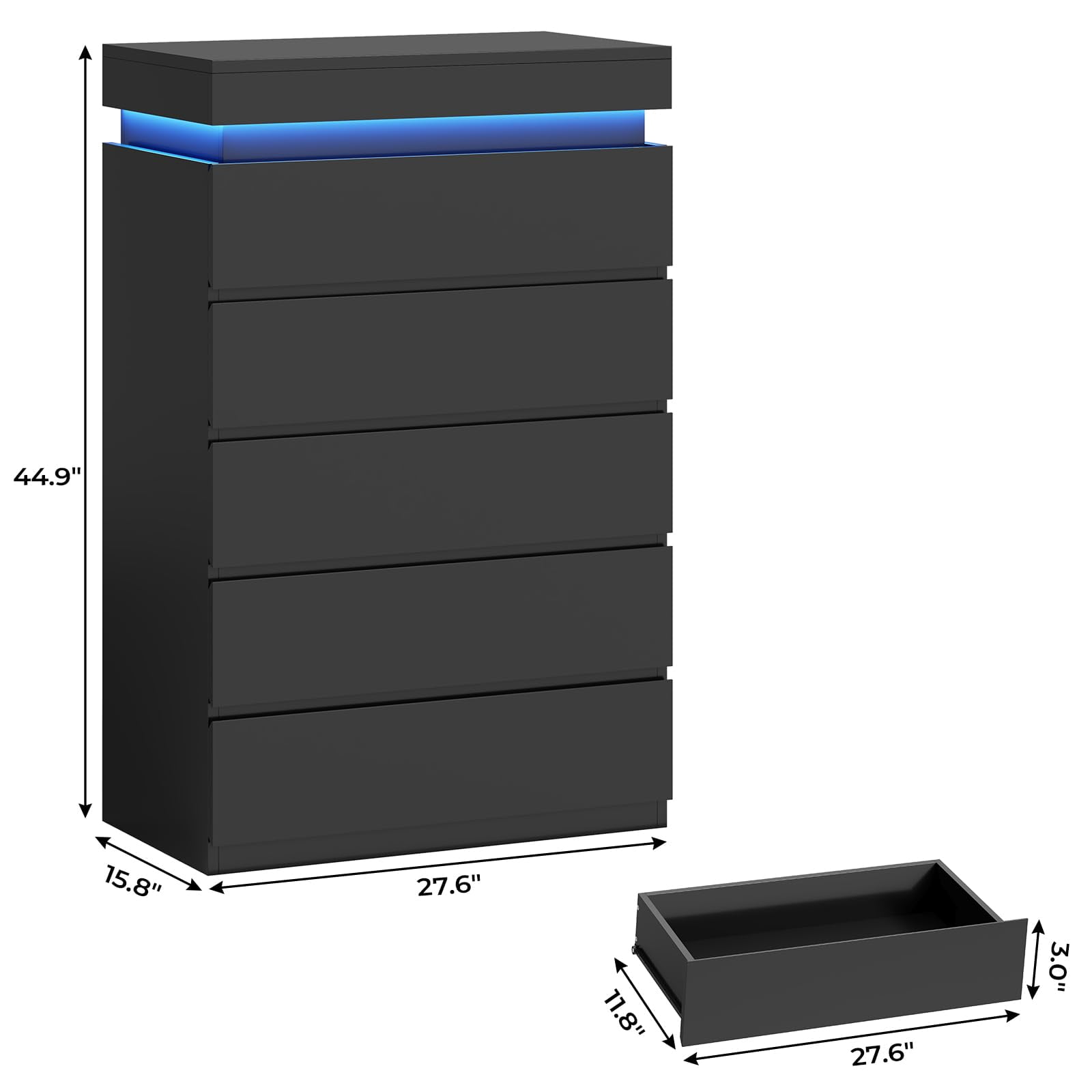 Afuhokles Black 5 Drawer Dresser with LED Light, Chest of Drawers for Bedroom