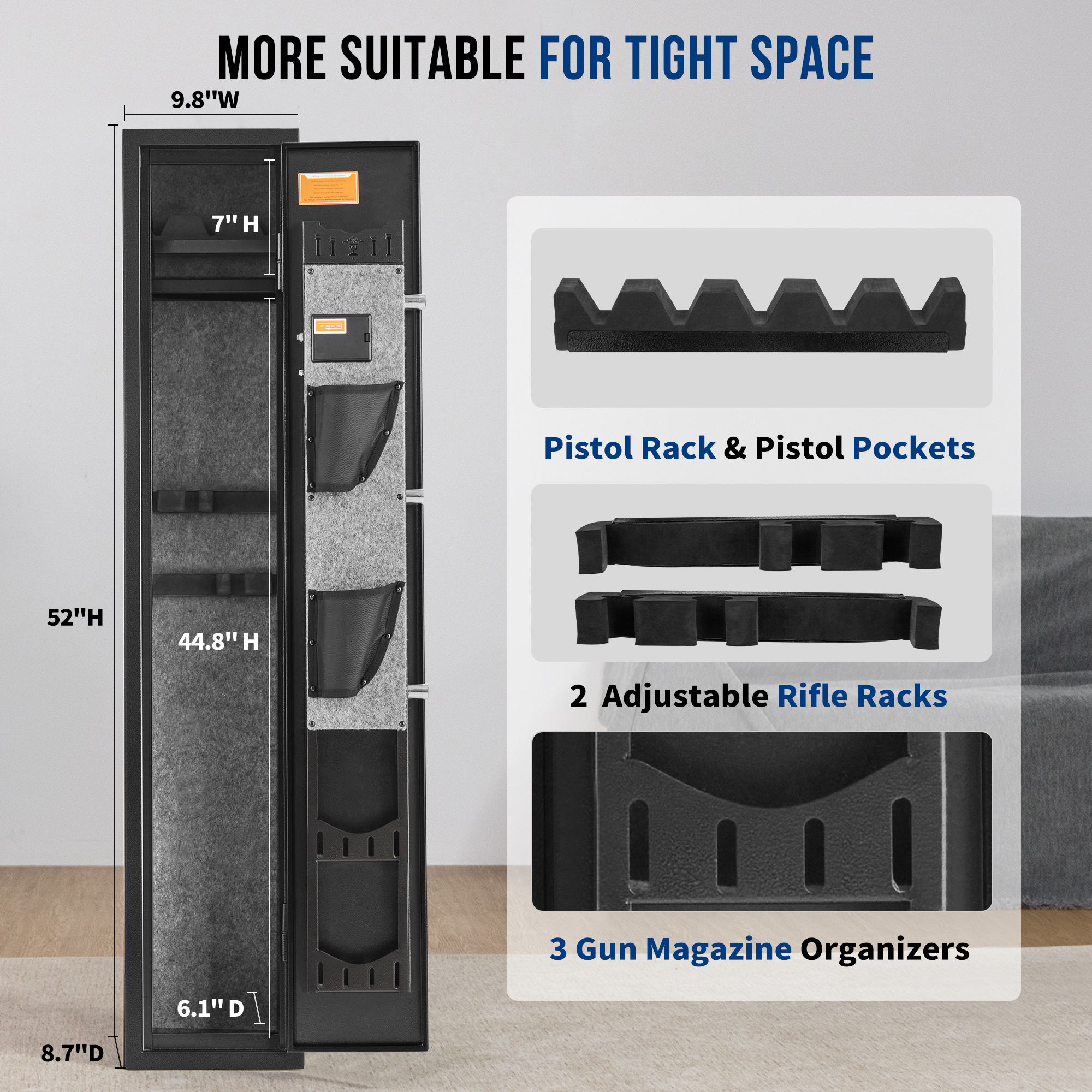 BlackSmith Gun Safe Biometric Fingerprint Gun Safe for 3 Rifles and Shotguns Gun Cabinet Rifle Safe with Digital Keypad Key Unlock Narrow Slender Rifle Cabinet for Tight Space
