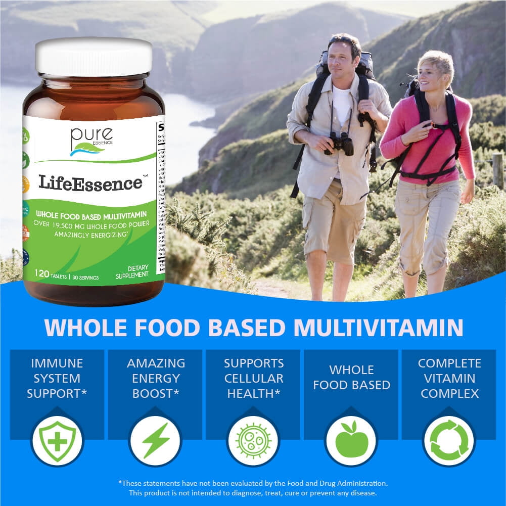 LifeEssence Multivitamin - Whole Food Supplement with Superfoods, Minerals, Enzymes, Vitamin D, D3, B12, Biotin by Pure Essence - 120 Tablets