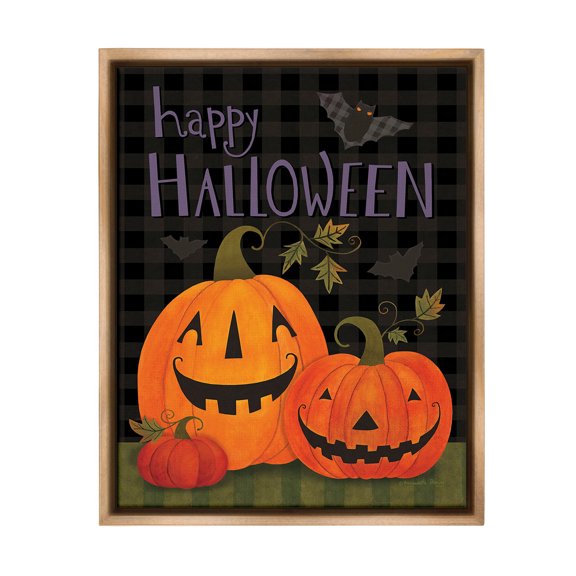 Stupell Industries Pumpkins & Bat on Plaid Holiday Painting Brown Floater Framed Canvas Art Print Wall Art, 17 x 21