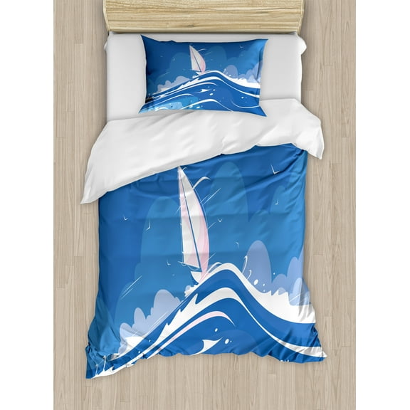 Blue Nautical Duvet Cover Set, Clouds Seagulls Sailboat Ocean Sea Waves Adventure Serenity Pattern, Decorative 2 Piece Bedding Set with 1 Pillow Shams, Twin Size, Azure Blue Pale Blue, by Ambesonne