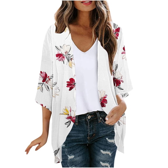 Karight Womens Floral Print Kimono Cardigan 3/4 Sleeve Open Front Lightweight Striped Rose Pattern Casual Beach Cover Up