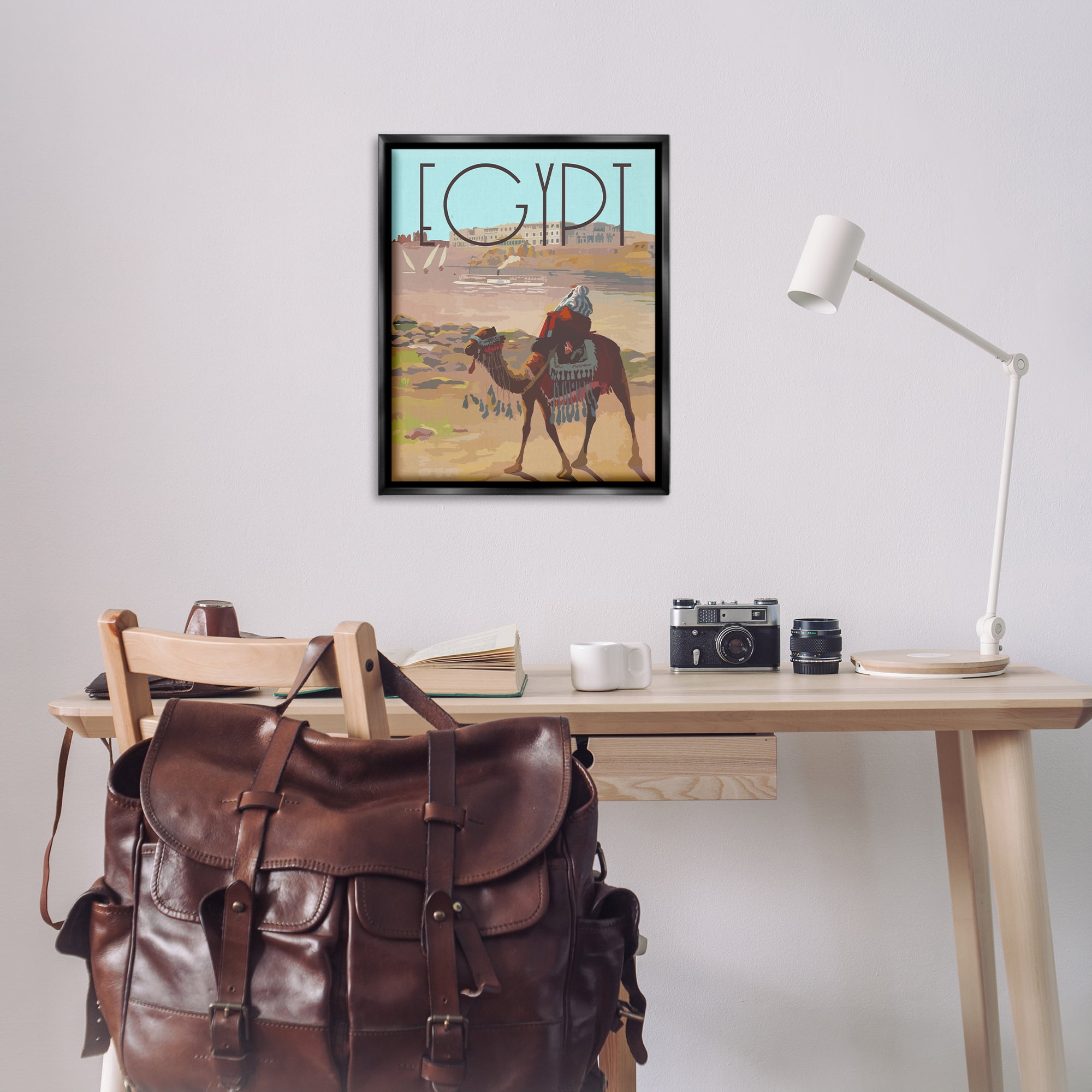 Stupell Industries Egypt Camel Scene Landscape & Nature Painting Black Floater Framed Canvas Art Print Wall Art, 25 x 31