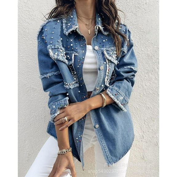 Women's Rhinestone Denim Jacket Casual Long Sleeve Jeans Trucker Jacket Coat