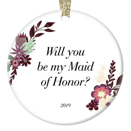 Maid of Honor 2019 Christmas Ornaments Best Friend Wedding Bridal Shower Registry Personalized Simple Boho Floral Holiday Decor Proposal Ideas Vintage Gift Bride Groom 3