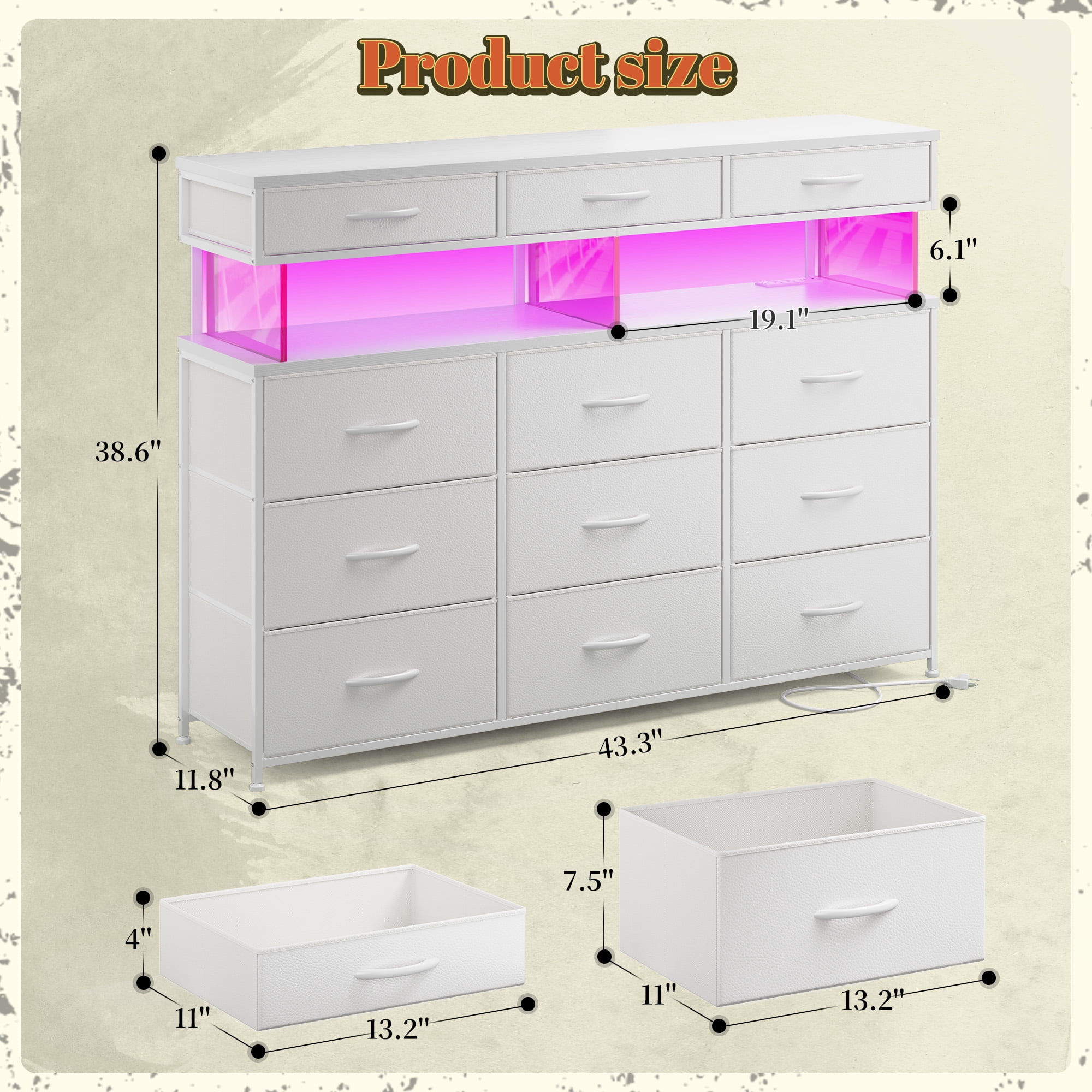 Dresser for Bedroom with 12 Fabric Drawers,Dresser with LED Lights and Charging Station,Chest of Drawer for Entryway,Living Room,Closet,White