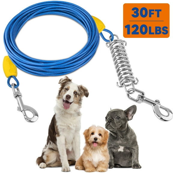 Petbobi 30ft Dog Tie Out Cable Chain for Dogs up to 120lbs Safety Steel Spring Reflective Vinyl-Covered PVC Large Dog Tether Runner Lead Leash for Outdoor Camping Ground, Blue