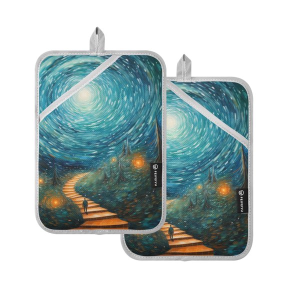 Path Leading To Stars Oven Mitts 2 Pcs Pot Holders Sets Heat Resistant for Kitchen Cooking Baking 7"x9.8"