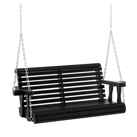 Porch Swing 2 Person, Wooden Patio Swing Chair with Chains & Cupholders, 440 lbs Capacity, Outdoor Garden Backyard Swing, Black